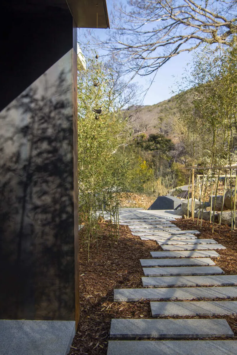 Stone paver pathway through mulch and young birch trees leading toward hillside landscape
