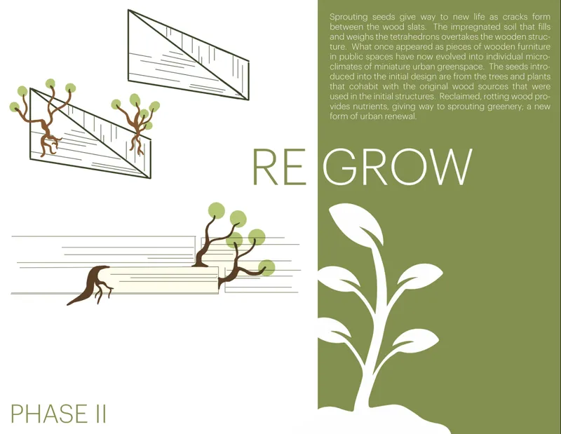 Sectional drawings illustrating vegetation growing through gaps in the reclaimed wood slat structures