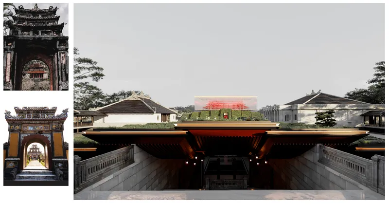 Project view — Opening descent with green roof Reference above: Minh Mang Tomb, first glimpse toward Minh LauReference below: Duc Duc Tomb, first framed opening