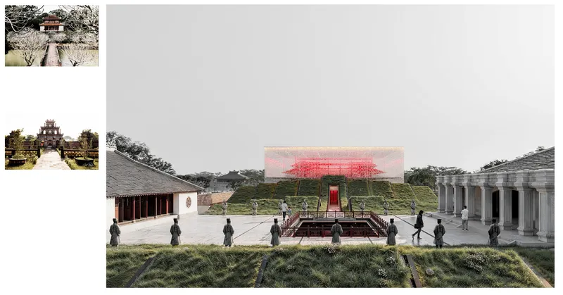 Project view — Central court between heritage wingsReference above: Minh Mang Tomb, layered courts framing Minh LauReference below: Duc Duc Tomb, the second gate expanding space