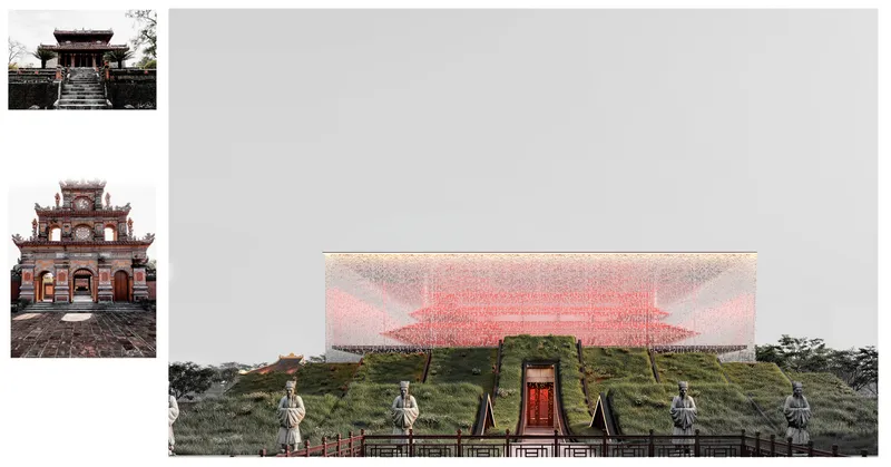 Project view — The glass pavilion in focusReference above: Minh Mang Tomb, Minh Lau elevated as focal point Reference below: Duc Duc Tomb, details in sharp, sacred focus