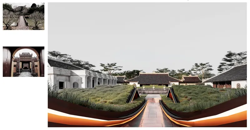 Project view — Returning toward heritage courtReference above: Minh Mang Tomb, modest return viewReference below: Duc Duc Tomb, closing frame with simplicity