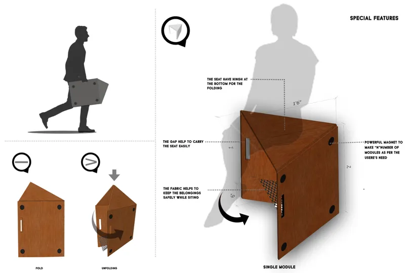 Exploded axonometric drawing of a wooden folding seat module with fabric storage