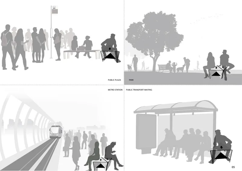Section drawings showing the folding seating unit deployed in plazas, parks, and transit stations