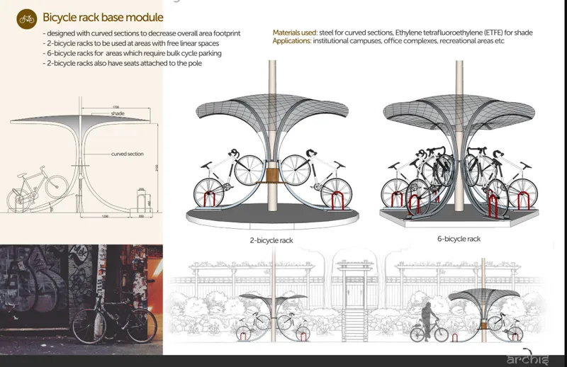 Axonometric drawings and diagrams showing the curved canopy bicycle rack with wireframe structure and elevation views