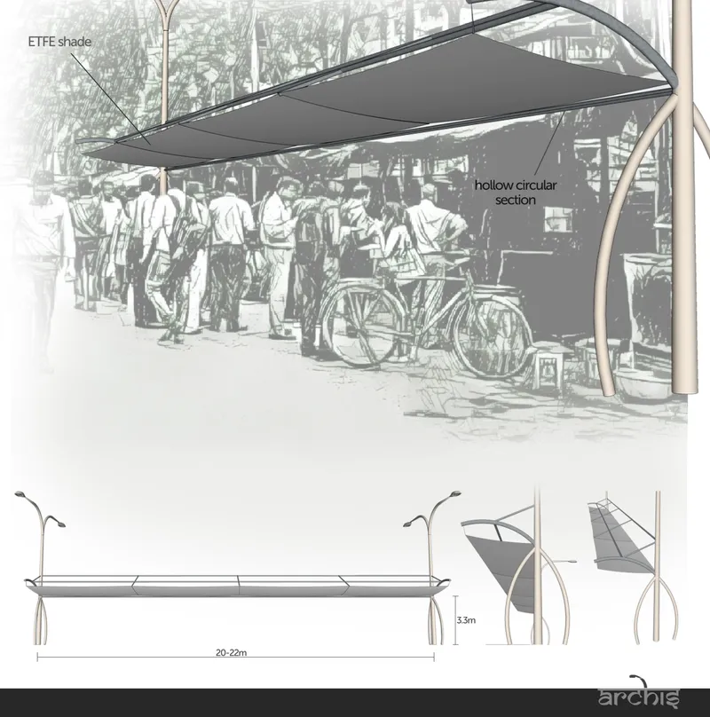 Line drawing rendering of a street canopy shelter with hollow circular columns and people gathering underneath