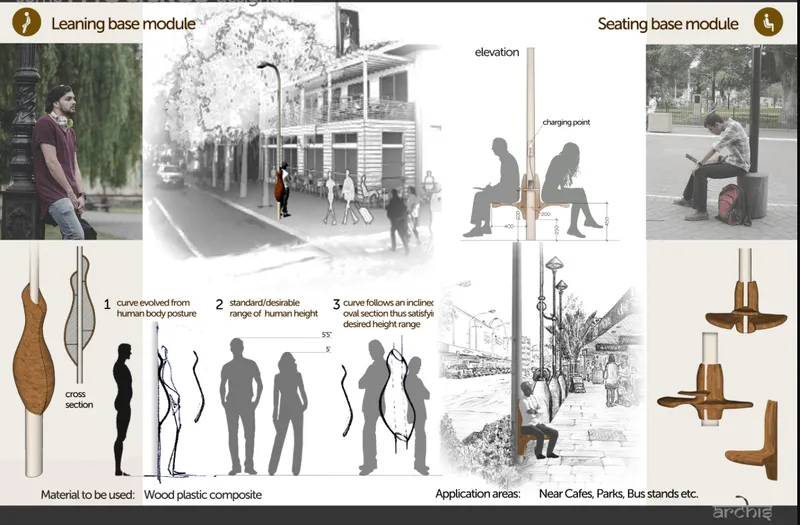 Diagram board showing leaning pole and seating module designs with elevation drawings and silhouette figures in context
