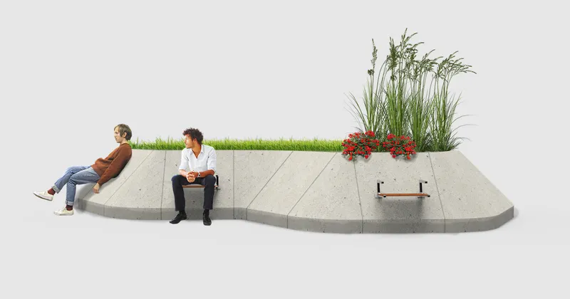 Side view of the concrete seating edge with planted bed and two people seated