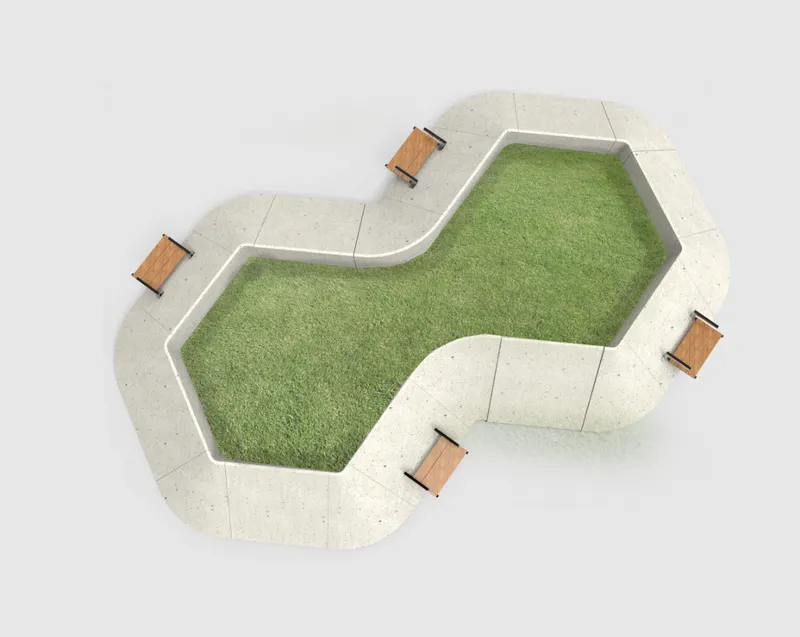 Overhead view of the organic-shaped turf insert bordered by concrete seating and timber benches