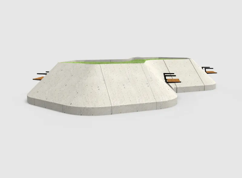 Perspective rendering showing the modular concrete paving with grass bands and wooden seating elements