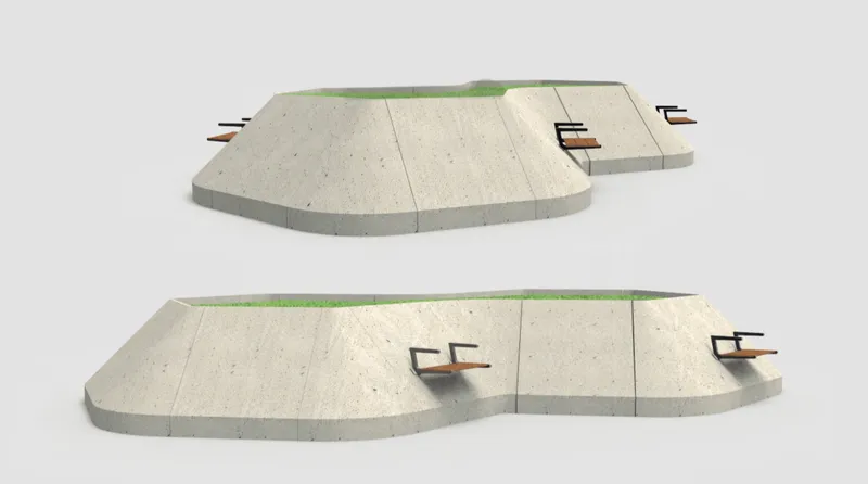 Rendering of two linked concrete plaza modules with grass strips and timber benches