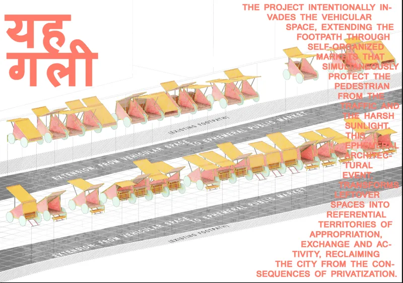 Aerial view drawing of mobile carts arranged along both sides of a street with pedestrian figures