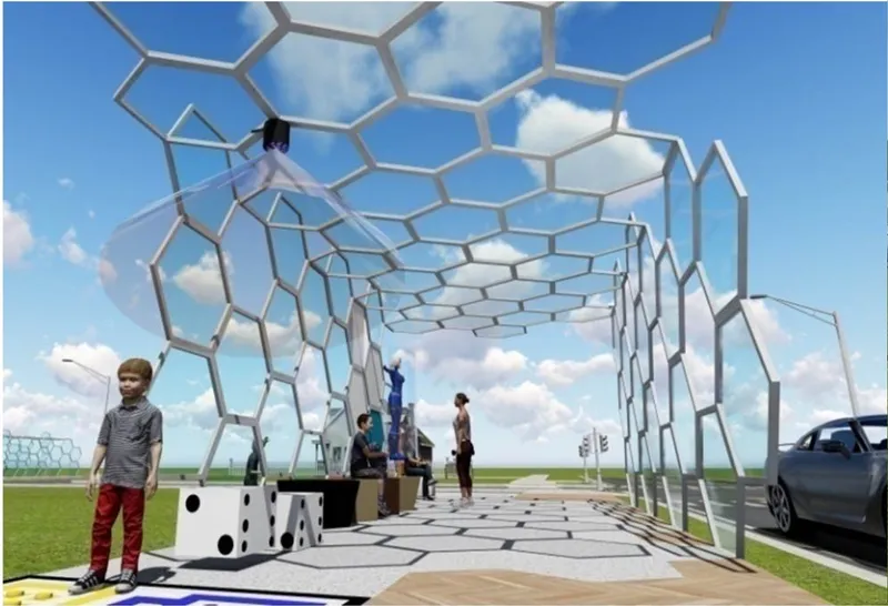 White hexagonal frame canopy over a patterned pavement with children playing on game surfaces