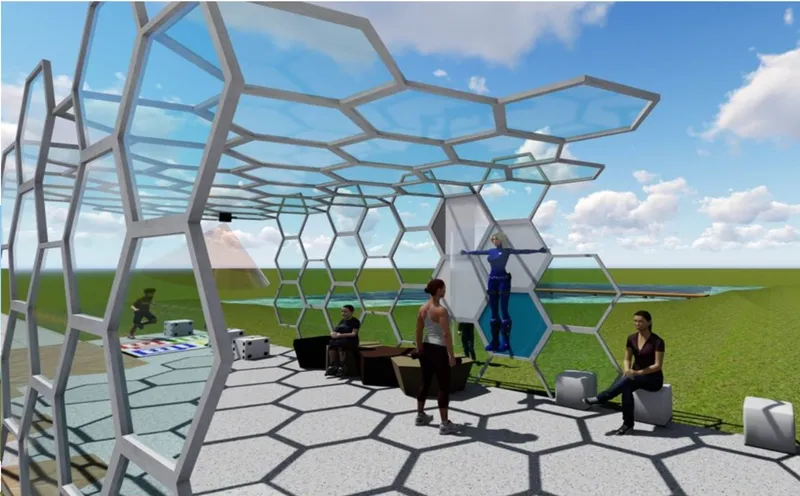 Interior view under the polygonal frame canopy showing people seated at tables on hexagonal paving