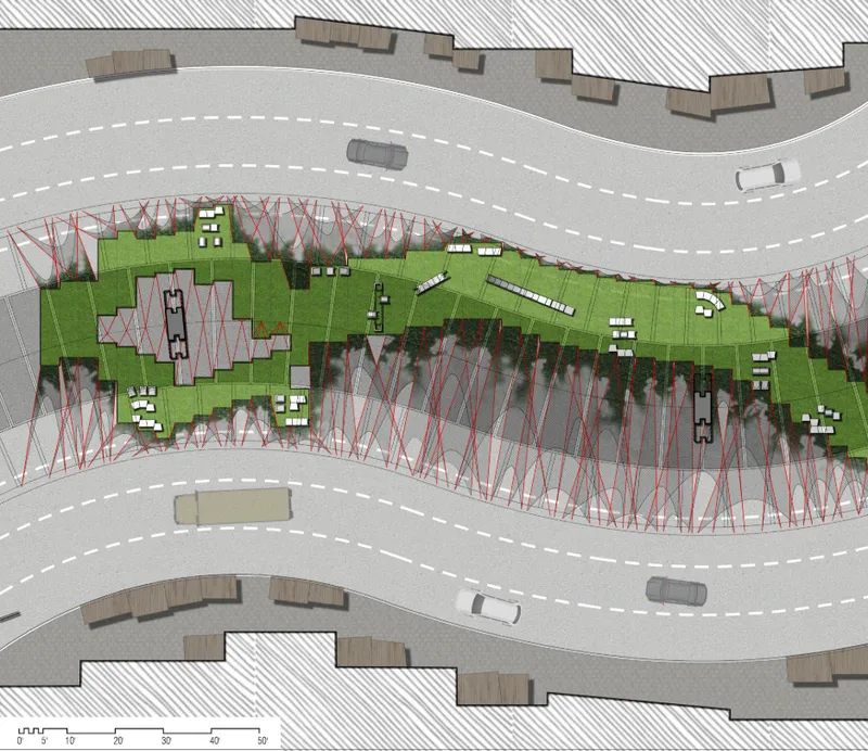 Site plan showing green platform volumes and structural grid spanning curved roadways with parked cars