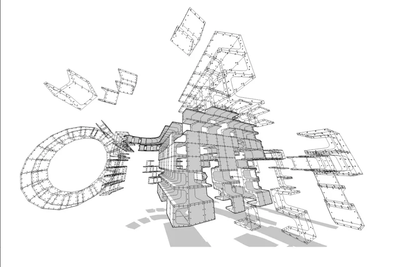 Exploded axonometric drawing revealing layered floor plates radiating from a central circular core