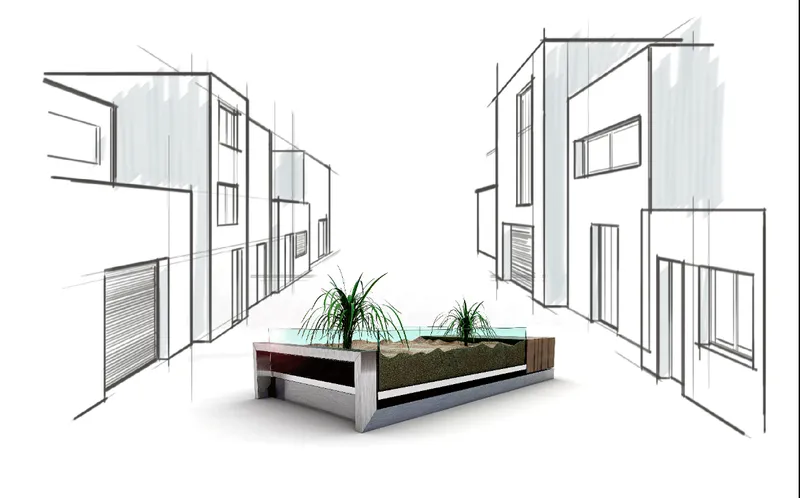 Perspective sketch showing a planted bed between residential buildings with vertical siding and glazed openings