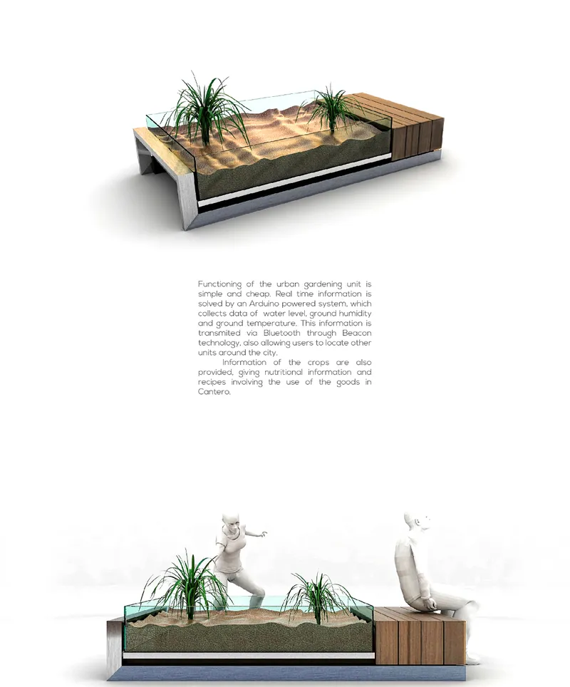 Exploded axonometric drawing of a modular planting unit with soil layers, timber bench, and concrete base