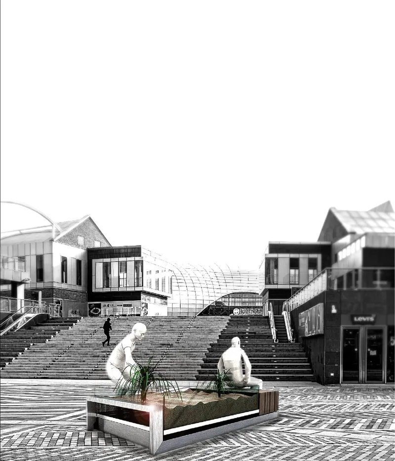 Rendered plaza view with the planting unit in the foreground and pedestrians on stepped terraces behind