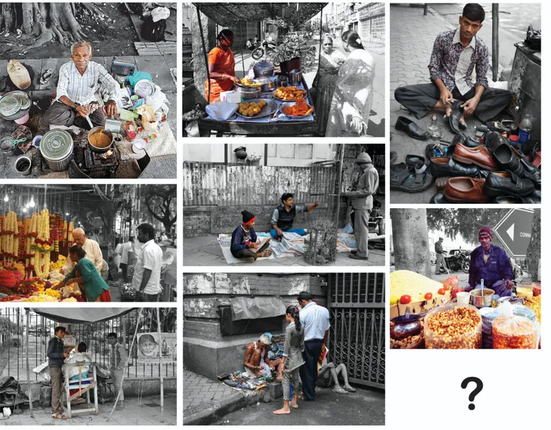 Collage of street vendors selling food and goods along sidewalks and under trees throughout the day