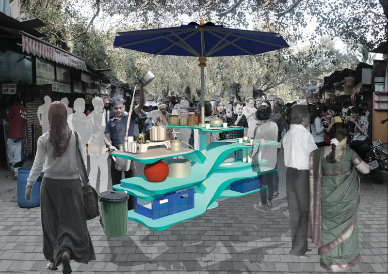 Turquoise modular vending platforms with umbrella on a paved street surrounded by pedestrians and trees