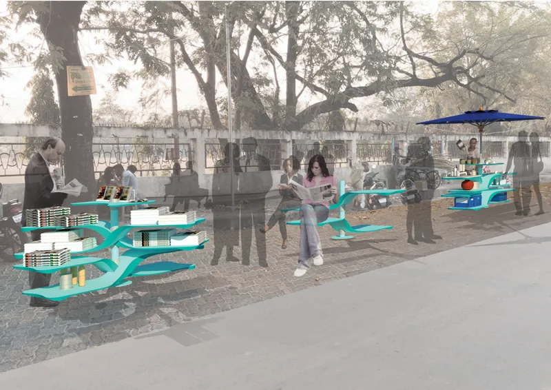 Layered turquoise vendor platforms arranged along a tree-lined sidewalk with people gathering in morning light