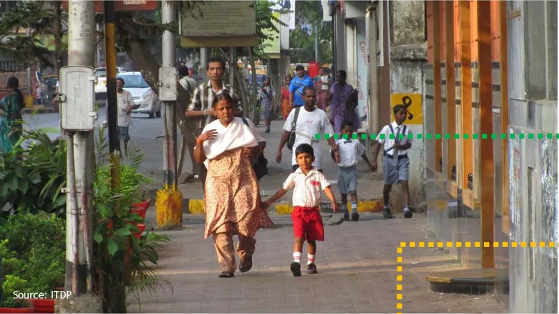 Paved pedestrian walkway with planted edges and residents walking past a weathered streetside column