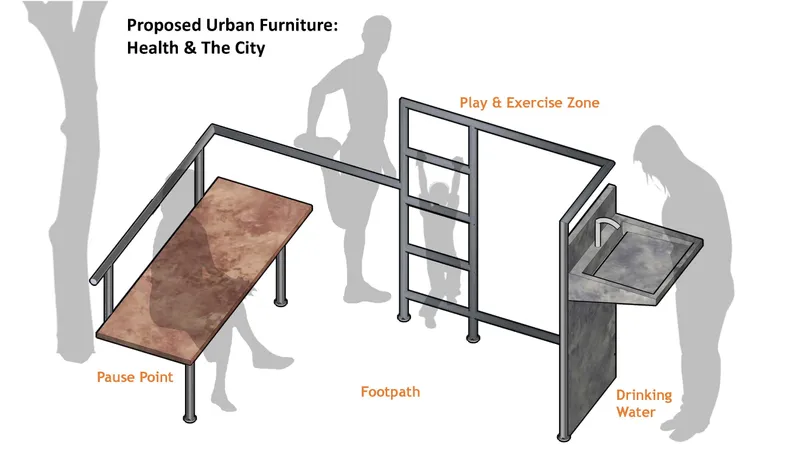 Isometric drawing of proposed street furniture including a bench, climbing frame, and drinking fountain with figure silhouettes