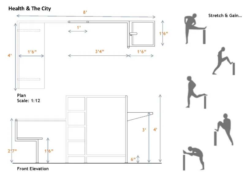 Plan and elevation drawings showing modular fitness equipment with dimensions and user postures for stretching