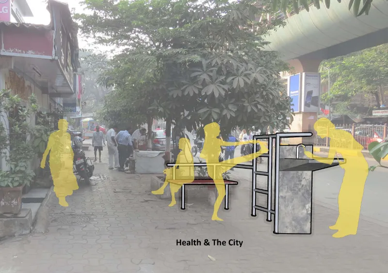 Street scene with trees and pedestrians overlaid with yellow silhouettes demonstrating proposed exercise equipment placement