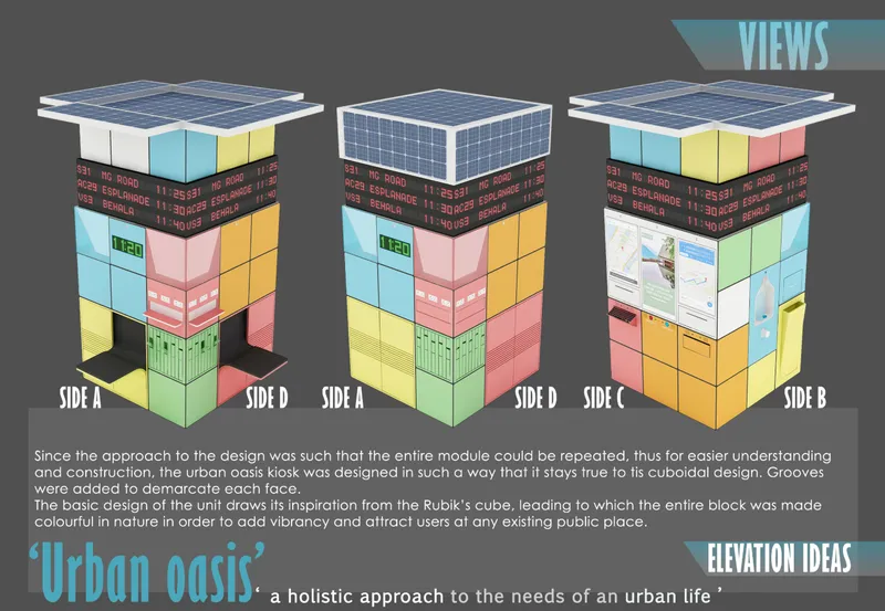 Axonometric views of a modular kiosk structure with colorful panels, solar roof, and digital information screen band