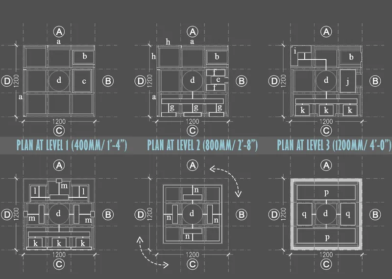 Section drawings showing six vertical levels of the modular structure with interior spatial divisions and dimensional annotations