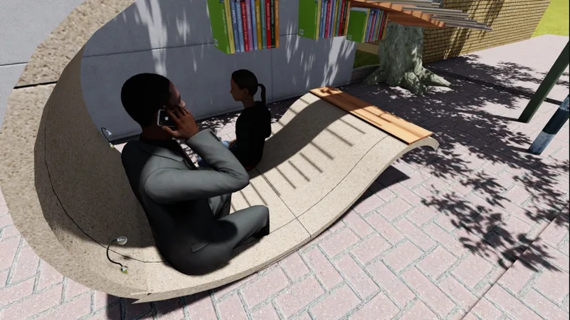 Top view of curved concrete bench with integrated seating and a person in dappled shade