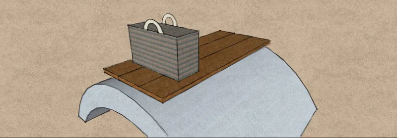 Sectional drawing showing curved concrete form with timber top and woven basket element