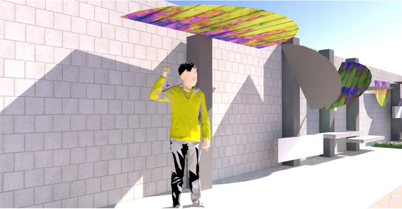 Rendered view showing a pedestrian walking past a block wall with colorful canopy shade structures overhead