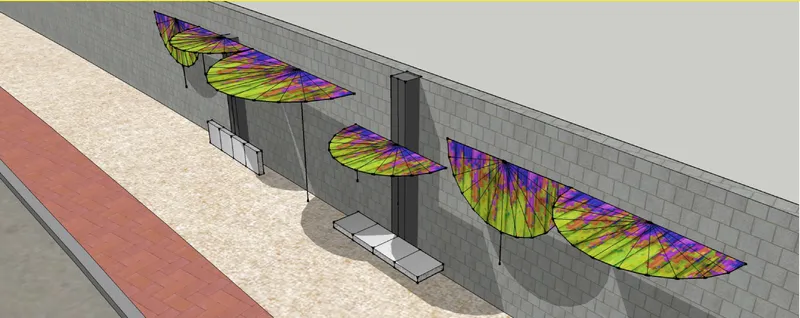 Street elevation rendering of a block wall with alternating colored canopy elements and seating benches below