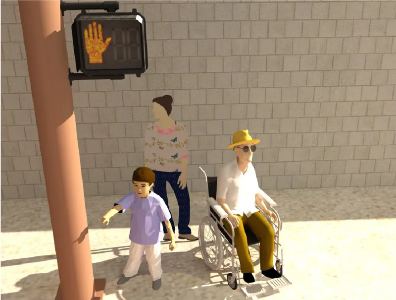 Rendered pedestrian crossing signal with orange hand icon above figures on the sidewalk in daylight