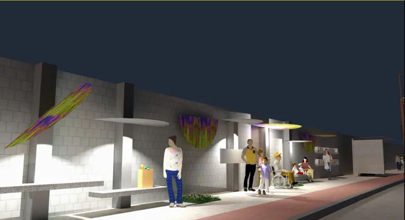 Night rendering of the illuminated street wall with colored canopies and figures gathered under the lights