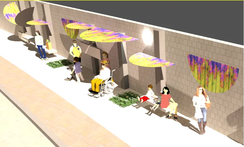 Rendering of a streetscape with colored canopy elements above seating alcoves along a block wall with pedestrians
