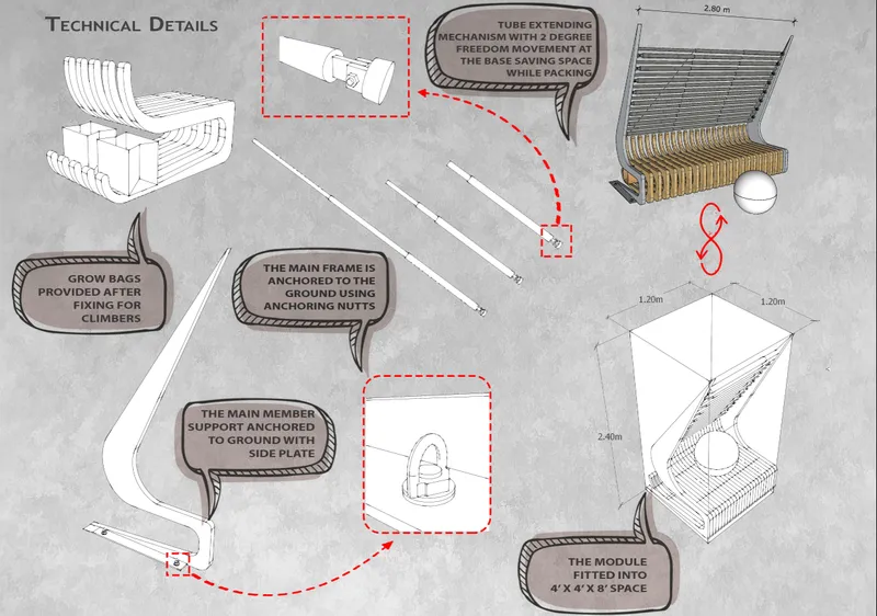 Axonometric technical drawing showing exploded assembly details of the collapsible seating module with annotations