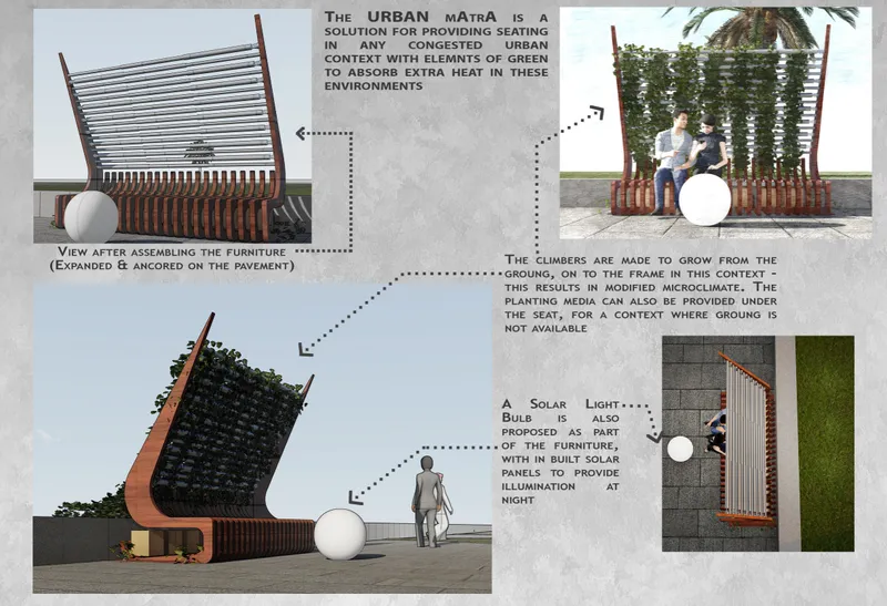 Rendering series depicting the modular street furniture with planted trellis in various configurations and scale figures