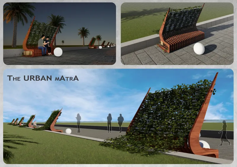 Rendered perspective view of the angled seating units with vertical planting screens along a paved walkway