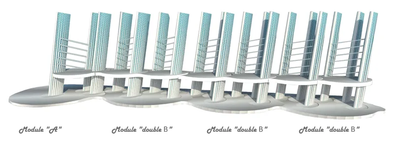 Elevation drawing of four modules arranged in sequence with angled louvered towers connected by horizontal bridges