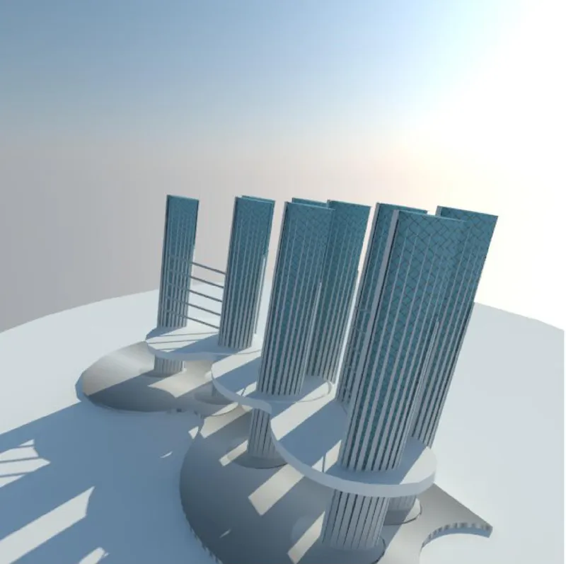 Rendered view of the modular assembly with angled louvered towers casting shadows across curved platforms under diffused light