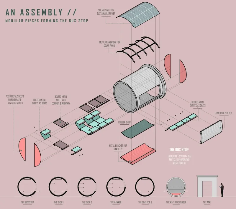 Exploded axonometric drawing showing modular components of a bus shelter including solar panels and metal frame assembly