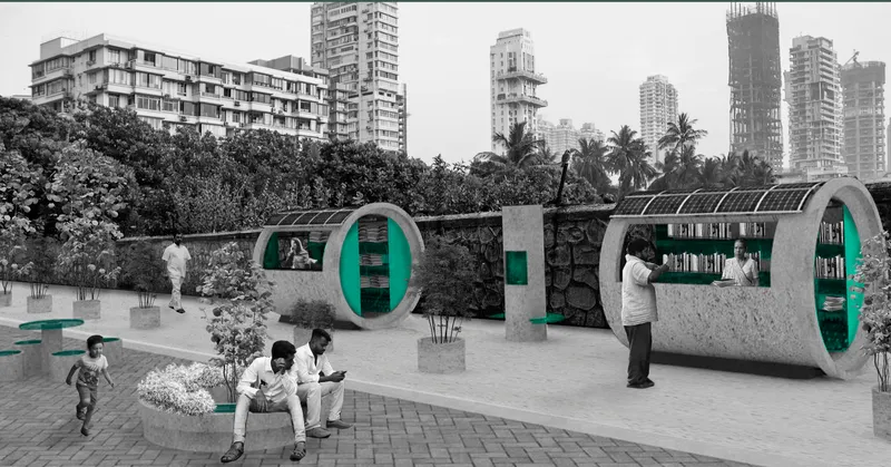Cylindrical street library and seating modules with green shelving installed in a public plaza with children playing
