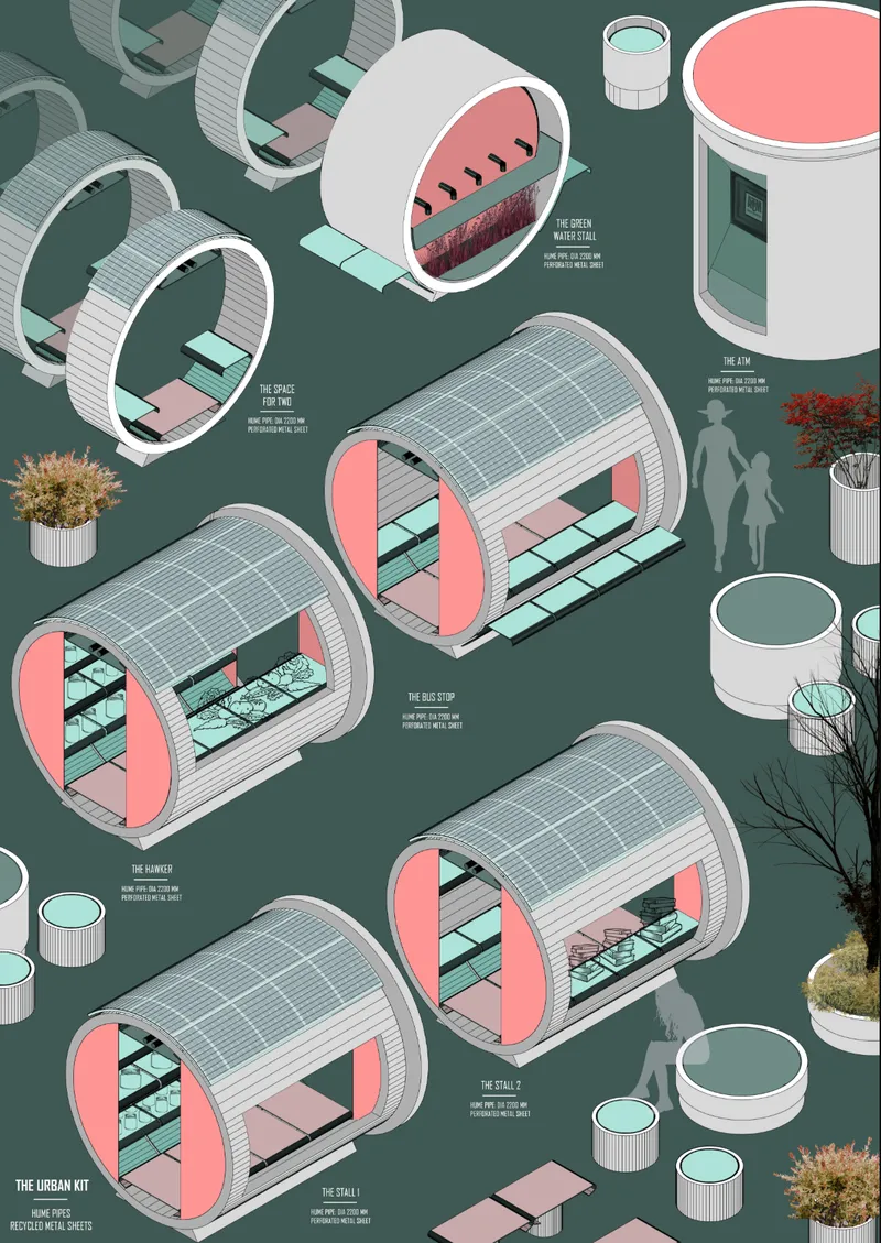 Isometric drawing showing multiple bus shelter configurations with barrel roofs and pink curved seating alongside cylindrical planters