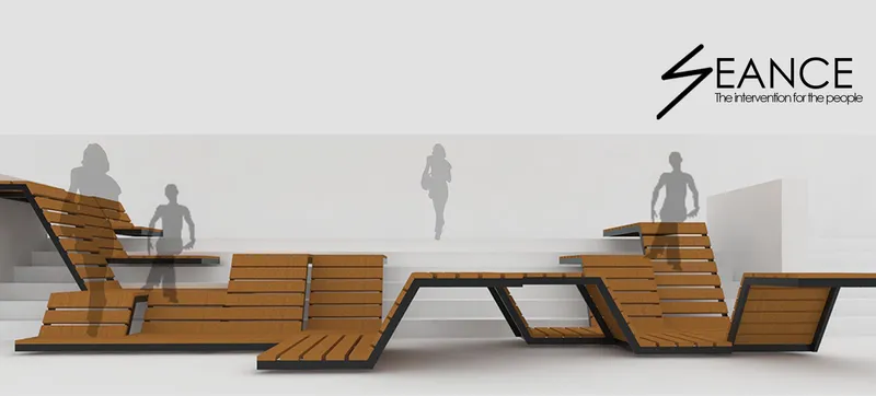 Side elevation rendering of angular timber seating benches with integrated steps and standing figures