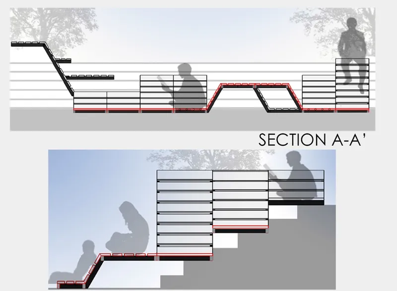 Section drawings showing sloped and stepped seating profiles with horizontal slats and silhouetted figures