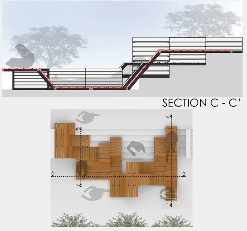 Section drawing and plan view pairing the sloped seating with timber clusters and tree silhouettes